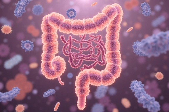 Un'immagine astratta che rappresenta il microbioma intestinale, con batteri buoni e cattivi in equilibrio, che simboleggia la salute digestiva.