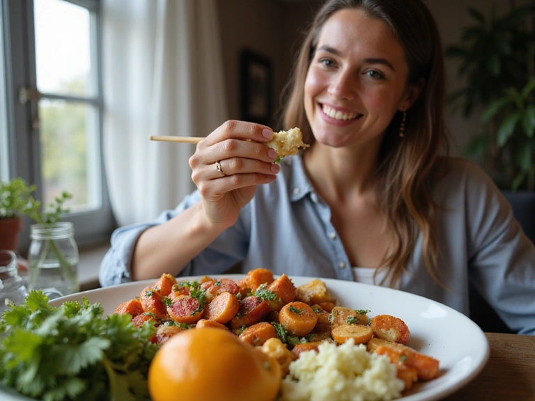 Persona che mangia un pasto salutare, con focus sulla digestione